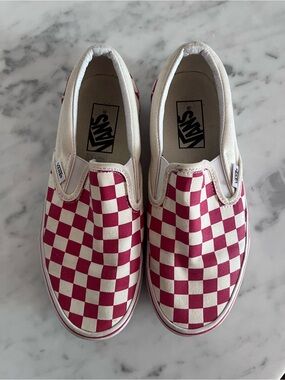 Vans Classic Slip-On Red & Cream Checkerboard Sneakers, Size 7 Women